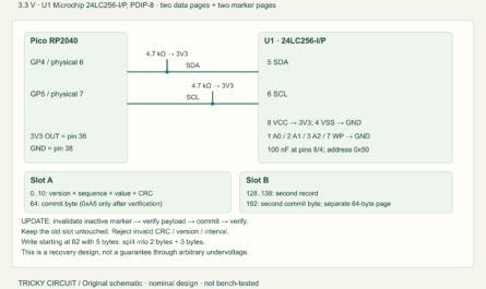 Pico GP4/GP5 bus connects to 24LC256-I/P pins 5/6 with 4.7 kΩ pullups; pins 1–4 and WP7 go to ground, VCC8 to 3.3 V with 100 nF bypass. Separate pages hold record and commit.