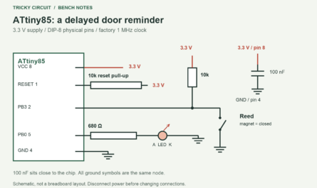 ATtiny85 Door Reminder: Light an LED Only After 30 Seconds. Pin 8 VCC → 3.3 V; pin 4 GND → ground Pin 1 RESET → 10 kΩ → 3.3 V Pin 2 PB3 → reed → ground; PB3 → 10 kΩ → 3.3 V Pin 5 PB0 → 680 Ω → LED anode; LED cathode → ground