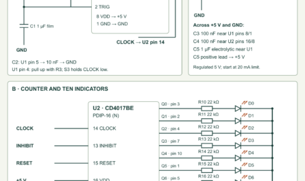5 V sequencer with TLC555CP oscillator feeding CD4017BE clock pin 14, reset and inhibit switches, and ten individually current-limited LEDs.
