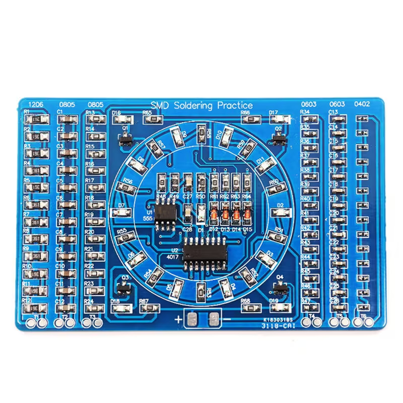 Supplier photo of an assembled blue surface-mount soldering practice board with a circular ring of small lights.