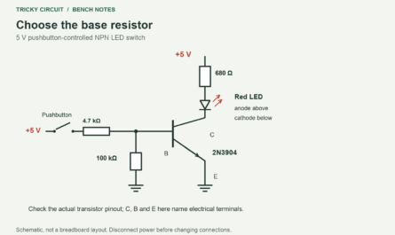 2N3904 LED switch with a 680 Ω LED resistor, 4.7 kΩ base resistor, pushbutton and 100 kΩ base-emitter pull-down.