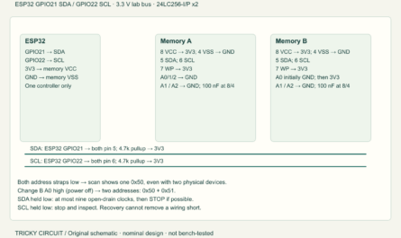 ESP32 GPIO21/22 share 3.3 V SDA/SCL with two 24LC256 devices. One 4.7 kΩ pullup per line; each memory has 100 nF bypass, WP high, and separately strapped address inputs.