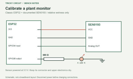 ESP32 Plant Monitor: Calibrate the Pot, Not a Universal Percentage. SEN0193 VCC → ESP32 3V3; GND → GND; analog OUT → GPIO34 GPIO26 → 680 Ω → LED anode; cathode → GND Board powered through USB