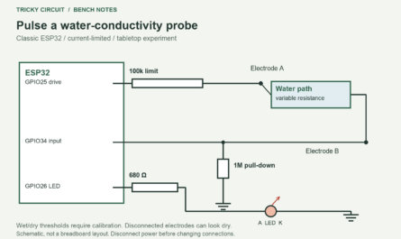 ESP32 Water Probe: Why a Sensor Should Not Stay Powered All Day. GPIO25 → 100 kΩ → electrode A Electrode B → SENSE → GPIO34 SENSE → 1 MΩ → GND GPIO26 → 680 Ω → LED anode; cathode → GND