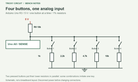 Four Buttons on One Arduino Input: The Resistor-Ladder Tradeoff. Uno 5V → R0 10 kΩ → SENSE → A0 SENSE → button 1 → 1 kΩ → GND SENSE → button 2 → 2.2 kΩ → GND SENSE → button 3 → 4.7 kΩ → GND SENSE → button 4 → 10 kΩ → GND
