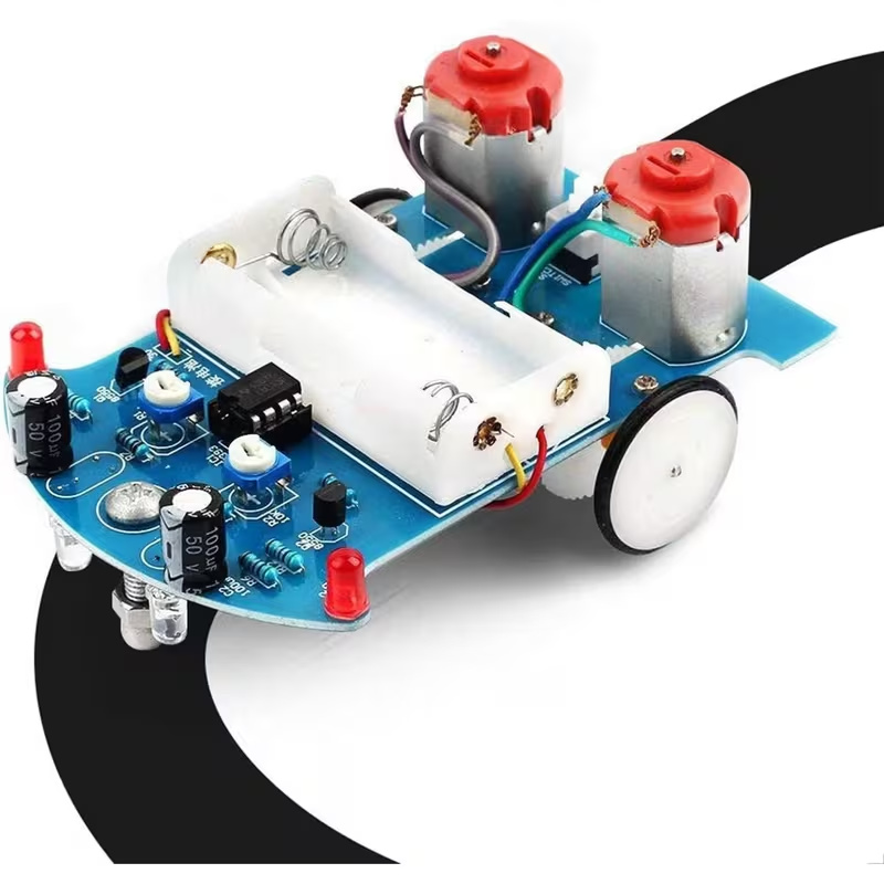 Supplier photo of an assembled two-wheeled line-following car with a blue circuit board, two motors and an empty battery holder.