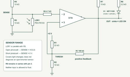 LM393BIDR light switch with a bounded PDV-P8103 sensor divider, an input series resistor, a 22 kilohm/10 kilohm reference and 100 kilohm positive feedback; separate output pull-up and current-limited red LED.