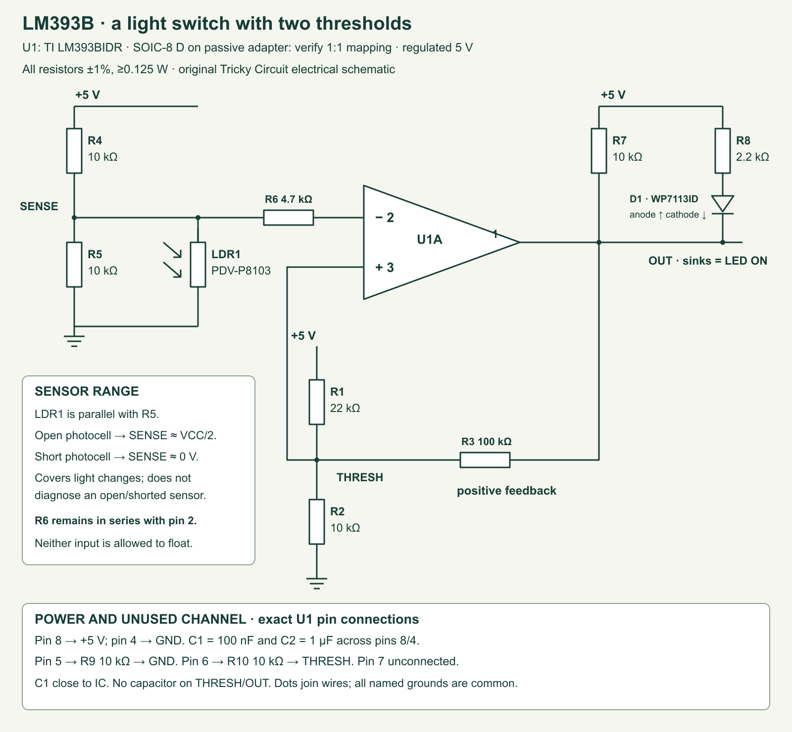 LM393BIDR light switch: a bounded photocell divider feeds minus input pin 2 through 4.7 kilohms; 22 kilohm and 10 kilohm reference resistors plus 100 kilohm output feedback feed plus pin 3; output has separate 10 kilohm pull-up and red LED branch.
