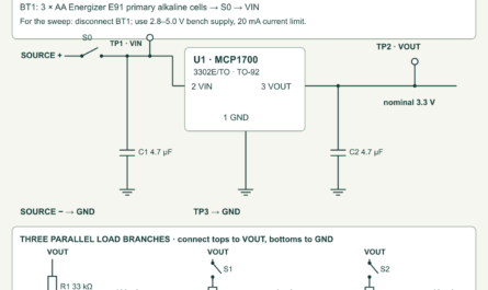 MCP1700-3302E/TO regulator schematic with local input and output capacitors, three AA cells or a separate bench supply, and three known resistor loads.