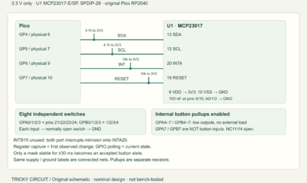 Pico GP4 and GP5 connect to MCP23017 pins 13 and 12; GP6 reads INTA and GP7 resets the chip. Eight switches use GPA0–3 and GPB0–3 at 3.3 V.