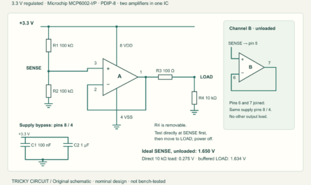 MCP6002-I/P buffer schematic: 100 kΩ sensor divider, channel A follower, 100 Ω output resistor, 10 kΩ test load and correctly terminated channel B.