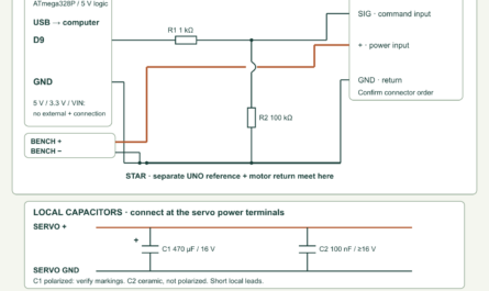 UNO R3 D9 drives a verified servo through 1 kilohm with a 100 kilohm pull-down, separate 5.0 V motor supply, star ground and local 470 microfarad/100 nanofarad capacitors.