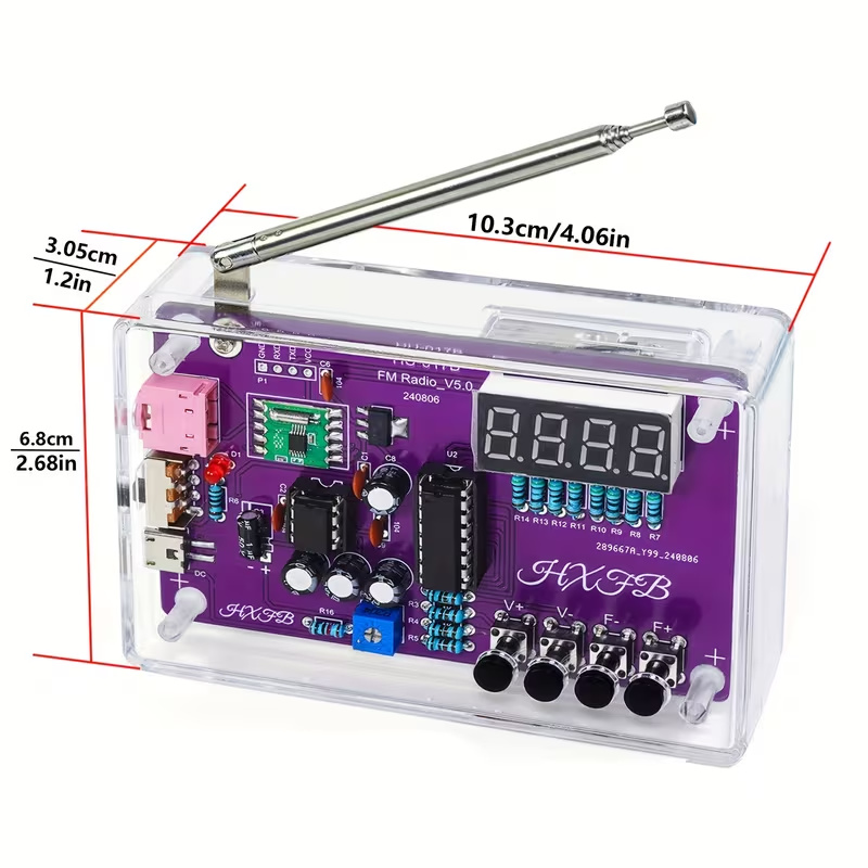 Supplier photo of an assembled radio kit with a purple circuit board, telescopic antenna and clear case.
