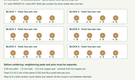 Six four-pin unpowered coupon rows follow alternating ABBA and BAAB extra-flux assignments; each header pin has its own isolated copper pad.