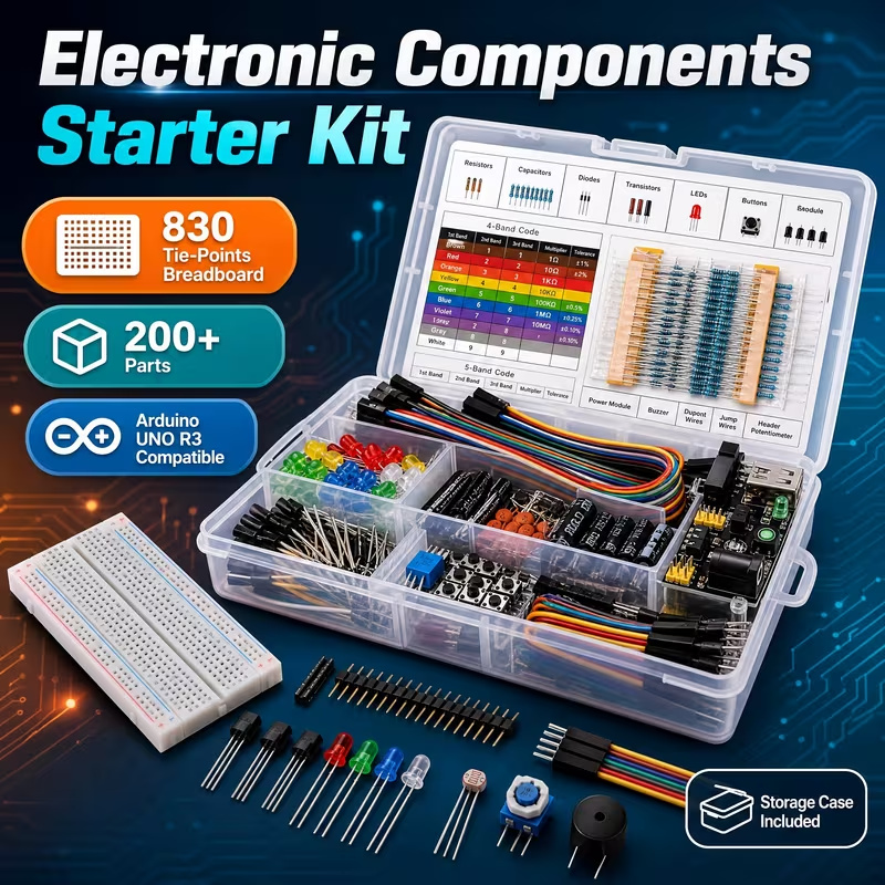 Supplier photo of a breadboard, jumper wires and assorted electronic components in a plastic storage case.
