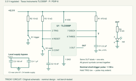TLC555IP one-shot schematic with 470 kΩ and 2.2 µF timing network, trigger and reset buttons, supply bypass and a current-limited LED.