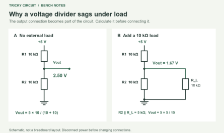 Two 10 kilohm resistors divide 5 V into 2.50 V without a load. A 10 kilohm load in parallel with the lower resistor reduces the output to 1.67 V.